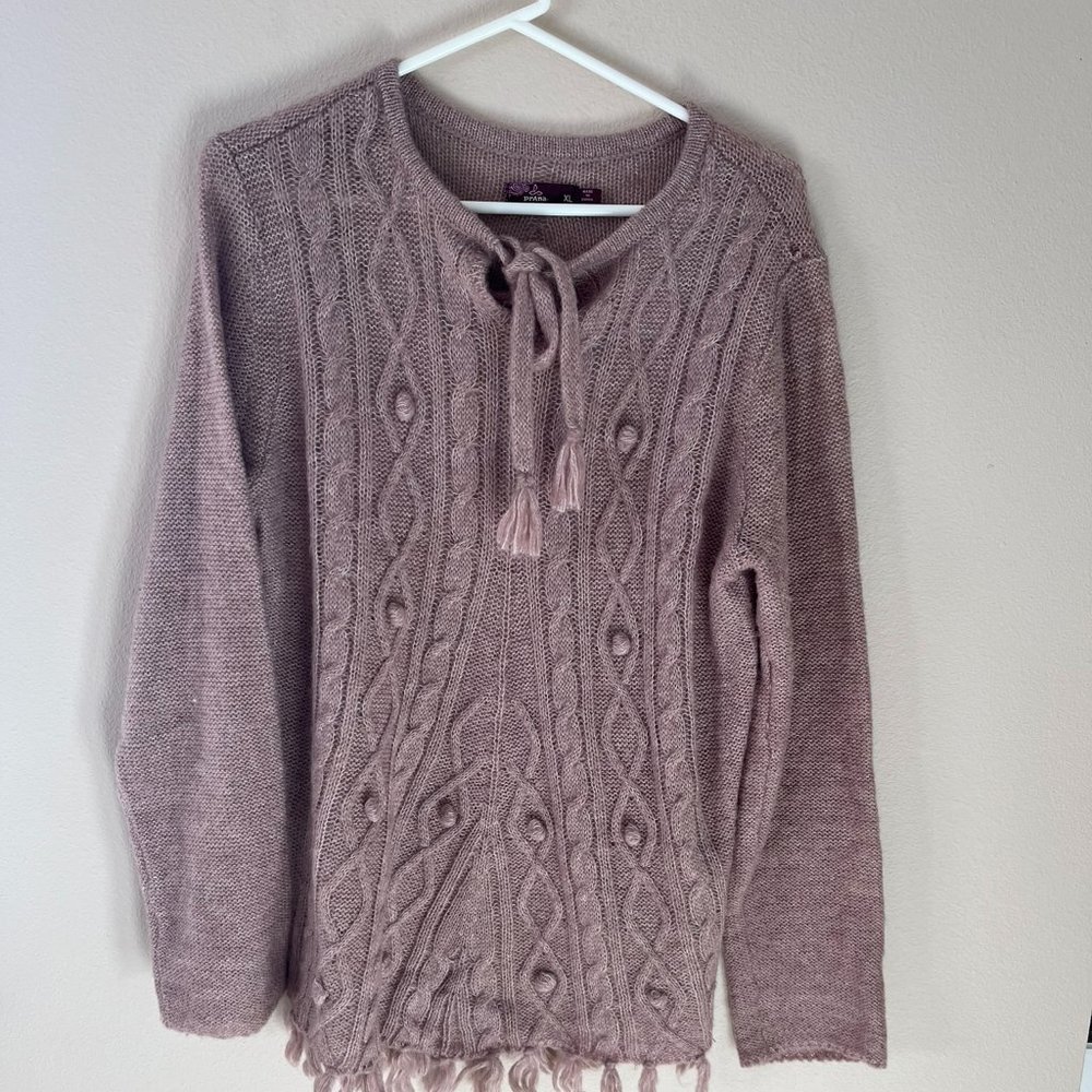 Prana Dusty Rose Women's Wool Blend Poncho Size XL Tassel and Cable Details